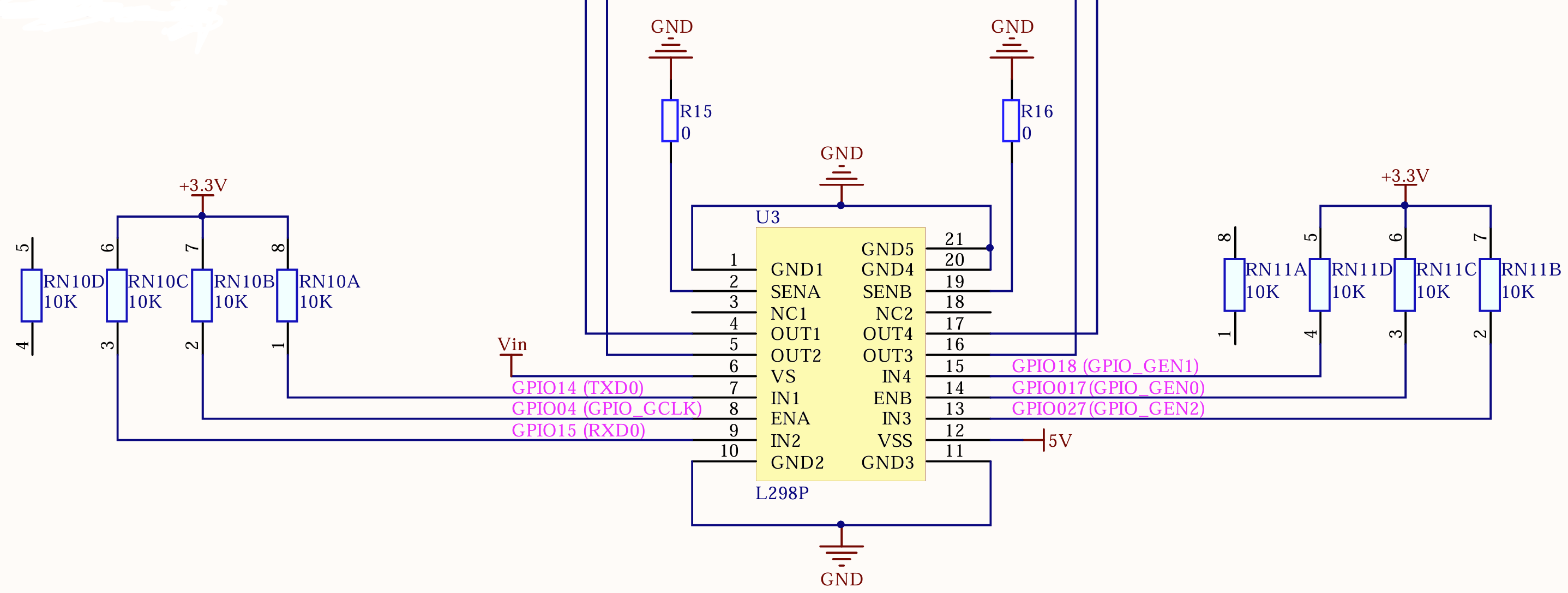 Circuit board. The L298 connects to the Raspberry Pi's GPIO lines via a circuit board. The enable lines are driven by the PWM-GPIO driver, while the input signals are exported as ordinary run-of-the-mill GPIO outputs.
